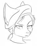 anthro beret big_ears clothing female fur hair hat headgear headwear looking_at_viewer ponytail solo taykoe rasine_ha'kim felid mammal tajaran 2016 digital_media_(artwork) hi_res line_art monochrome