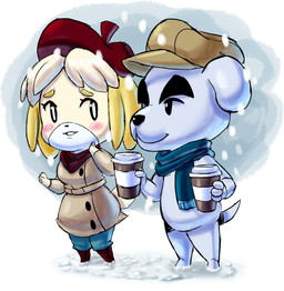anthro beverage blush clothing coat container cup duo female hat headgear headwear male scarf snow topwear winter teevo animal_crossing nintendo isabelle_(animal_crossing) k.k._slider canid canine canis domestic_dog mammal shih_tzu toy_dog 2015