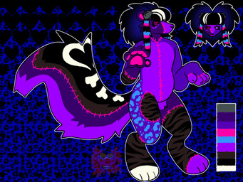 alternative_fashion ambiguous_gender anthro black_background blue_background bone_markings color_swatch coontail_hair countershading eyelashes fur hair heart_(marking) heart_background leopard_spots mango markings multicolored_body multicolored_fur multicolored_hair pattern_background paws scene_(fashion) simple_background solo sparklefur spots striped_body striped_fur stripes chowmalgamation vengeance_(skunkbitez) bear mammal mephitid skunk undead zombie 2026 4:3 hi_res model_sheet watermark