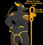 anthro armband biceps bodily_fluids bracelet butt dialogue gold_text jewelry looking_at_viewer looking_back male markings muscular muscular_anthro muscular_male presenting presenting_hindquarters raised_tail rear_view simple_background solo standing sweat tail talking_to_viewer text transparent_background yellow_text conditional_dnp notkastar egyptian_mythology middle_eastern_mythology mythology anubis anubian_jackal canid canine canis deity jackal mammal 2019 alpha_channel digital_media_(artwork) english_text portrait signature three-quarter_portrait