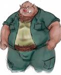 2011 absurd_res anthro barazoku bulge clothed clothing front_view fully_clothed hi_res kemono kotobuki male mammal muscular muscular_anthro muscular_male obese obese_anthro obese_male overweight overweight_anthro overweight_male simple_background solo standing suid suina sus_(pig) white_background wild_boar