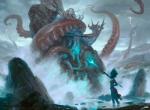 bident cloud duo female glowing magic outside overcast sea sky split_form storm tentacles water weapon tyler_jacobson hasbro magic:_the_gathering wizards_of_the_coast kiora planeswalker eldrazi eldritch_abomination humanoid marine merfolk official_art