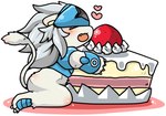 ambiguous_gender anthro armor blush body_blush butt butt_blush cake chibi dessert food fruit fur heart_symbol plant solo strawberry white_body white_fur re1o bandai_namco digimon digimon_(species) felid lion mammal pantherine spadamon