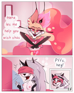 anthro bedroom_eyes border breasts duo female female/female imminent_sex laugh narrowed_eyes nipples red_sclera seductive shirtless_anthro simple_background text throwing white_border kat._.arts hellaverse helluva_boss mythology loona_(helluva_boss) queen_bee-lzebub_(helluva_boss) canid canid_demon canine demon hellhound mammal mythological_canine mythological_creature 4:5 comic english_text hi_res
