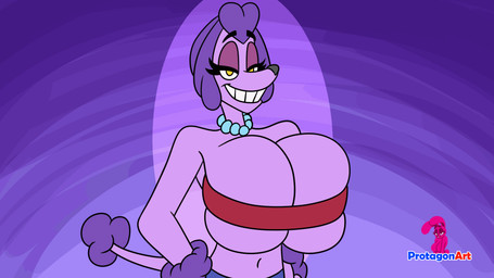 anthro bedroom_eyes big_breasts blue_bottomwear blue_clothing blue_jeans blue_pants bottomwear bra breasts clothing denim denim_bottomwear denim_clothing eyelashes female fur gem hair huge_breasts jeans jewelry logo narrowed_eyes necklace pants pearl_(gem) pearl_necklace presenting presenting_breasts purple_background purple_body purple_eyelids purple_fur purple_hair seductive simple_background smile solo teeth underwear white_sclera yellow_eyes protagon sheepish_(series) bun_(protagon) penelope_de_caniche canid canine canis domestic_dog lagomorph leporid mammal poodle rabbit 16:9 2026 animated artist_logo widescreen