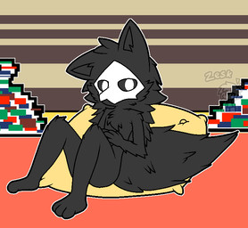 anthro bean_bag black_body black_fur book chest_tuft feet femboy fingers fluffy fluffy_tail front_view fur inside looking_at_viewer male mask mask_only nude one_ear_up outline sitting slim_anthro slim_male snout solo tail text three-quarter_view toes tuft white_eyes white_mask white_outline zeskverta changed_(video_game) puro_(changed) canid canine canis dark_latex mammal wolf 2022 aliasing artist_name digital_media_(artwork) flat_colors full-length_portrait portrait watermark