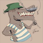 anthro brown_background brown_body brown_scales clothing eyes_closed facial_hair fingers fishing_hat fishing_rod hat headgear headwear male mustache scales sharp_teeth shirt short_arms simple_background smile solo tank_top teeth topwear theumslayer cavemanon_studios snoot_game moe_(snoot_game) dinosaur prehistoric_species reptile scalie theropod tyrannosaurid tyrannosauroid tyrannosaurus 1:1 2023 artist_name digital_drawing_(artwork) digital_media_(artwork) signature