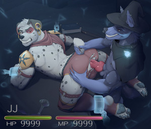 anal anal_penetration angry animal_genitalia animal_penis anthro anthro_on_anthro anthro_penetrated anthro_penetrating anthro_penetrating_anthro anus balls barbell_piercing black_spots blue_body blue_fur bottomwear butt canine_genitalia canine_penis cape clothing cuff_(restraint) duo ear_piercing ear_ring erection eye_spot facial_piercing fur gameplay_mechanics gauged_ear genitals grey_pawpads gui half-closed_eyes hat headgear headwear health_bar knot male male/male male_penetrated male_penetrating male_penetrating_male markings narrowed_eyes nipple_barbell nipple_piercing nipples nose_piercing nose_ring pawpads paws penetration penile penile_penetration penis penis_in_ass piercing restraints ring_piercing sex shackles shorts smile smirk smug smug_face smug_grin snarling spots spotted_body spotted_fur spotted_markings torn_bottomwear torn_clothing torn_shorts white_body white_fur wizard_hat petrisa nintendo pokemon jj_(zarif) canid canine canis dalmatian domestic_dog hyena mammal hi_res