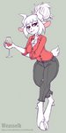 alcohol alternate_species anthro beverage clothed clothing container cup dress_shirt drinking_glass female fur furrification glass glass_container glass_cup hair hooves horn looking_at_viewer red_eyes shirt simple_background smile solo topwear white_body white_fur white_hair wine wine_glass weasselk helltaker goat_lucifer_(helltaker) bovid caprine demon goat mammal