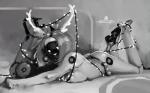 :> antlers breasts butt clothed clothing female half-closed_eyes holidays horn lights lying machine narrowed_eyes noseless on_front panties screen screen_face side_view smile smirk solo topless underwear psyk323 christmas fiona_(psyk) deer humanoid mammal new_world_deer reindeer robot greyscale hi_res monochrome