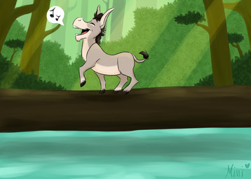 eyes_closed feral forest grey_body grey_ears grey_legs log male musical_note musical_symbol plant solo symbol tree water wood macrolago dreamworks shrek_(series) donkey_(shrek) asinus donkey equid equine mammal 2021 hi_res watermark