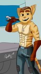 abs anthro armpit_hair biped body_hair bottomwear brown_clothing brown_gloves brown_handwear bulge cheek_tuft chin_tuft clothing eyebrows facial_tuft fur fur_tuft gloves green_eyes handwear holding_object male markings mechanic muscular muscular_anthro muscular_male open_mouth open_smile pants sharp_teeth shirtless_anthro shirtless_male smile solo standing striped_body striped_fur striped_markings striped_tail stripes tail tail_markings teeth tools tuft wrench rockeylombax ratchet_and_clank sony_corporation sony_interactive_entertainment ratchet_(ratchet_and_clank) lombax mammal absurd_res hi_res