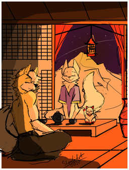 anthro asian_clothing bottomwear clothing container cozy cup detailed_background dojo duo east_asian_clothing eyes_closed femboy floor fur furniture happy japanese japanese_clothing kimono lamp looking_at_viewer male male/male mountain night pants pillow shirt simple_background simple_coloring simple_eyes smile star structure table tail toony topwear vase wall_(structure) white_body white_fur yellow_body yellow_fur shardie maneki-neko canid canine fox mammal hi_res shaded simple_shading