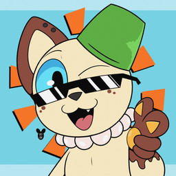 ambiguous_gender anthro blue_eyes ear_piercing eyebrows eyewear looking_at_viewer open_mouth open_smile pawpads paws piercing pupils sharp_teeth smile solo sunglasses teeth tongue luanctoons sunny_summer domestic_cat felid feline felis mammal 1:1 2026 absurd_res hi_res