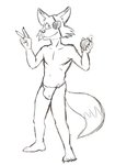 anthro asian_clothing barefoot bulge clothed clothing east_asian_clothing eye_patch eyewear feet fundoshi gesture hand_gesture holding_object japanese_clothing male navel rock simple_background solo topless underwear v_sign white_background thegreatmatsutzu slayers jillas canid canine fox mammal black_and_white monochrome sketch