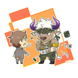 accessory anthro brown_body brown_fur brown_hair chibi clothing duo fur hair headband horn male muscular muscular_anthro muscular_male shirt tank_top topwear 1461_1641 lifewonders tokyo_afterschool_summoners protagonist_(tas) shennong_(tas) twink_protagonist_(tas) bovid bovine cattle human mammal 1:1 hi_res