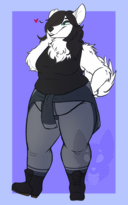 anthro belly black_boots black_clothing black_eyeshadow black_footwear black_hair black_lips black_nose black_shirt black_tank_top black_topwear boots bottomwear breasts clothed clothed_anthro clothed_female clothing eyeshadow female female_anthro fluffy fluffy_tail footwear fur green_eyes grey_bottomwear grey_clothing grey_pants hair hair_over_eye heart_symbol jacket_around_waist lips makeup medium_breasts one_ear_up pants shirt shoes solo tail tank_top thick_thighs topwear white_body white_fur white_tail strawberrymilkdog marcus_sinclair canid canine canis domestic_dog mammal nordic_sled_dog samoyed spitz hi_res trans_(lore) trans_man_(lore)