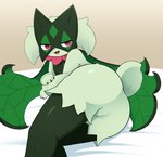 ambiguous_gender anthro black_claws butt claws featureless_crotch finger_claws fur green_body green_butt green_fur green_tail inside iris looking_at_viewer null open_mouth pose pupils smile solo tail teasing tongue sum nintendo pokemon generation_9_pokemon meowscarada pokemon_(species) 2023 hi_res