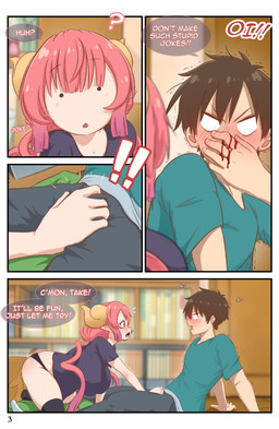 2_horns 4_panel_comic :o big_breasts black_bottomwear black_clothing black_legwear black_panties black_pants black_shirt black_stockings black_topwear black_underwear blood blue_clothing blue_shirt blue_topwear blush blush_lines bodily_fluids bottomwear breasts brown_hair clothed clothing covering covering_mouth curved_horn duo exclamation_point female flying_sweatdrops hair hand_on_bulge horn huge_breasts humanoid_pointy_ears inside legwear light-skinned_female long_hair looking_at_another male nosebleed open_mouth page_number panties pants pigtails pointy_ears pupils question_mark red_eyes red_hair shirt short_hair slit_pupils speech_bubble stockings sweat sweatdrop tan_body tan_skin text topwear tremble_lines tremble_spikes underwear yellow_horn greatm8sfm miss_kobayashi's_dragon_maid mythology ilulu taketo_aida animal_humanoid dragon dragon_humanoid human humanoid mammal mythological_creature mythological_scalie scalie 2023 absurd_res colored comic hi_res shaded