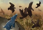 ambiguous_gender feral fog foggy_background forest forest_background in_flight looking_up nature nature_background plant scenery sunset tree sayeth ek'en avian bird corvid corvus_(genus) crow dweller_(sayeth) oscine passerine scalie digital_media_(artwork)