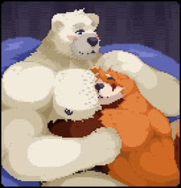 anthro bean_bag blue_eyes blush cuddling duo fur happy head_on_chest headpat hug hugging_another male male/male muscular muscular_anthro muscular_male nude nude_anthro nude_male orange_body orange_fur petting smile tail tail_motion tailwag three-quarter_view white_body white_fur sadness3verde3n tsubasa_(icedteabee) valkner bear canid canine fox mammal polar_bear ursine 2023 animated digital_media_(artwork) no_sound pixel_(artwork) pixel_animation short_playtime video