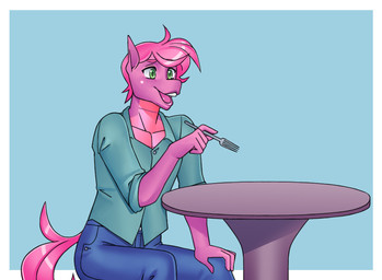 anthro clothing cutlery fork kitchen_utensils male sitting solo tools nauth hasbro my_little_pony mythology berry_pie_(darkstar239) dracony dragon earth_pony equid equine horse hybrid mammal mythological_creature mythological_scalie pony scalie hi_res