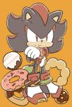 anthro biped black_body black_fur clothing crossed_arms dessert doughnut eating food footwear fur gloves handwear male orange_background pastry red_body red_eyes red_fur shoes simple_background solo standing sikai sega sonic_the_hedgehog_(series) shadow_the_hedgehog eulipotyphlan hedgehog mammal