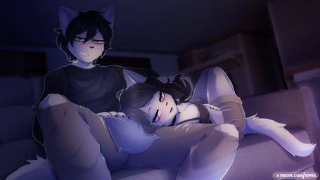anthro bedroom_eyes black_hair blush blush_lines bottomwear breasts choker cleavage clothed clothing coach covering covering_crotch duo exposure_variation female fur green_eyes hair head_on_lap jewelry male male/female medium_breasts narrowed_eyes necklace on_lap pants pillow pink_eyes relaxing seductive shirt smile tail topwear white_body white_fur eipril the_coffin_of_andy_and_leyley andrew_graves ashley_graves domestic_cat felid feline felis mammal 16:9 2026 4k absurd_res hi_res widescreen brother_(lore) brother_and_sister_(lore) sibling_(lore) sister_(lore)