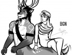 anthro antlers armlet bandolier beard clothed clothing dress duo eye_contact eyebrows facial_hair female greek greek_clothing hair horn jewelry long_hair looking_at_another male muscular muscular_anthro muscular_male muscular_taur necklace nipples pecs riding smile bgn cervine cervine_taur deer deer_taur human mammal mammal_taur taur digital_drawing_(artwork) digital_media_(artwork) monochrome