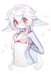 anthro big_ears blue_body blue_fur blush body_fur bra clothed clothing ears_down female fur hair kemono long_hair navel pink_bra pink_clothing pink_underwear pivoted_ears red_eyes sidelocks simple_background solo tuft underwear undressing white_background white_hair yadayada domestic_cat felid feline felis mammal hi_res