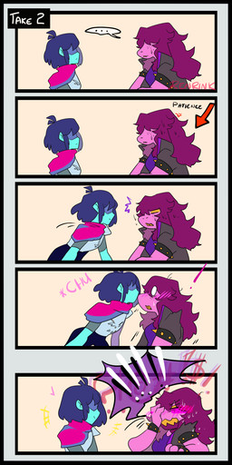 ahoge anthro armband armor biped black_border black_bottomwear black_clothing black_jacket black_pants black_topwear blue_body blue_hair blue_skin blush bodily_fluids border bottomwear bracelet clenched_teeth clothed clothing covering covering_face covering_self cross-popping_vein delta_rune_(emblem) duo ellipsis empty_eyes exclamation_point eye_contact female female_on_human flirting flustered freckles fully_clothed grawlixes hair hair_over_eyes human_on_anthro interspecies jacket jewelry kiss_on_nose kissing leaning leaning_forward long_hair looking_at_another male male/female male_on_anthro monotone_hair musical_note musical_symbol open_clothing open_jacket open_mouth open_topwear pants pink_clothing pink_scarf plate_armor purple_clothing purple_hair purple_shirt purple_topwear scarf shadowed_eyes sharp_teeth shirt short_hair side_view simple_background smile smirk sound_effects speech_bubble spiked_armband spiked_bracelet spikes standing sweat sweatdrop symbol tan_background teeth text topwear white_eyes wide_eyed yellow_eyes yellow_teeth renrink deltarune undertale undertale_(series) kris_dreemurr susie_(deltarune) human mammal reptile scalie 1:2 absurd_res comic english_text hi_res