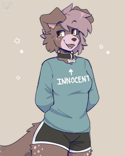 anthro bottomwear brown_body brown_fur brown_nose cheek_tuft clothing collar eyelashes facial_tuft fangs female floppy_ears freckled_face freckles fur good_girl hair hands_behind_back looking_away markings open_mouth open_smile pink_markings shirt short_hair shorts smile solo tail teeth text topwear tuft yellow_eyes fleurfurr canid canine canis domestic_dog mammal cel_shading colored colored_sketch digital_drawing_(artwork) digital_media_(artwork) english_text hi_res shaded sketch