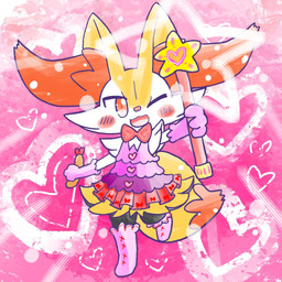 ambiguous_anthro ambiguous_gender anthro biped blush blush_stickers boots bow_tie clothing dress food footwear frilly frilly_clothing frilly_dress front_view heart_symbol holding_food holding_object holding_wand looking_at_viewer magical_girl_outfit on_one_leg one_eye_closed open_:3 open_mouth open_smile pink_background shoes shrimp_(food) simple_background smile solo standing star_polygon wand wink winking_at_viewer annyui0611 nintendo pokemon braixen canid generation_6_pokemon mammal pokemon_(species) 1:1 2024 digital_drawing_(artwork) digital_media_(artwork) full-length_portrait hi_res japanese_description portrait translated_description