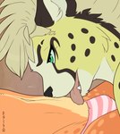 anthro belly_lick blonde_hair bulge clothing duo femboy fur green_eyes hair interspecies licking male male/male markings open_mouth orange_body orange_fur panties pattern_clothing pattern_underwear spots spotted_body spotted_fur striped_clothing striped_underwear stripes tongue tongue_out underwear yellow_body yellow_fur acino_(artist) acino stephen_wintre cheetah deer felid feline mammal digital_media_(artwork) hi_res