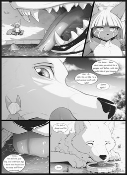 anthro bangs bare_chested clothed clothing cloud dialogue drinking drinking_milk duo ears_up eyes_closed facial_markings fangs female feral flat_chested grass happy head_markings larger_male macro male markings milk one_ear_up outside plant sharp_teeth size_difference smaller_female tail teeth teeth_showing text tongue tongue_out topless topless_anthro topless_female tree s2-freak calie_(s2-freak) schwarzpelz bovid bovine canid canine canis cattle fennec_fox fox hybrid mammal true_fox wolf comic english_text hi_res monochrome