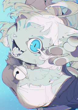 anthro bell bell_collar blue_background blue_eyes blue_markings claws clothed clothed_anthro clothed_female clothing collar eye_markings facial_markings fangs female finger_claws fingerpads forehead_markings fur gesture grey_body grey_fur hair hand_gesture head_markings high-angle_view looking_at_viewer markings one_eye_closed open_mouth open_smile pawpads pupils ringed_iris simple_background slit_pupils smile smiling_at_viewer solo tail teeth tongue_showing topwear v_sign white_clothing white_hair white_sclera white_topwear wink winking_at_viewer chiayeeee domestic_cat felid feline felis mammal 2024 absurd_res bust_portrait chromatic_aberration digital_drawing_(artwork) digital_media_(artwork) hi_res portrait