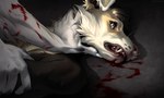 ambiguous/ambiguous ambiguous_gender anthro bite_mark blood blood_in_mouth blood_on_ground bodily_fluids dominant duo fangs hand_on_throat lying on_back on_ground pushed_down scared tan_body teeth white_body beastfromhell canid canine canis domestic_dog mammal hi_res