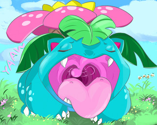 ambiguous_gender blue_body blue_ears blue_legs blue_spots claws eyes_closed feral feral_pred grass leaf mouth_shot open_mouth plant solo spots tongue uvula vore white_claws yawn worldofwizzlard nintendo pokemon arthropod bee generation_1_pokemon hymenopteran insect pokemon_(species) venusaur 2026 hi_res