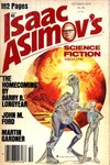 1979 20th_century ancient_art anthro claws cloud cover dinosaur duo female george_barr hi_res human issac_asimov's_science_fiction_magazine magazine magazine_cover male mammal mushroom_cloud reptile scalie spacesuit tail traditional_media_(artwork)