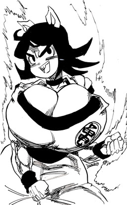 anthro big_breasts breasts cjk_character cleavage clothed clothed_anthro clothed_female clothing cosplay female fist hair huge_breasts open_mouth open_smile smile solo teeth tooth_gap goudadunn dragon_ball dragon_ball_z goku june_(jinu) canid canine canis domestic_dog mammal shiba_inu spitz 2017 black_and_white dated digital_drawing_(artwork) digital_media_(artwork) english_description hi_res monochrome portrait signature three-quarter_portrait