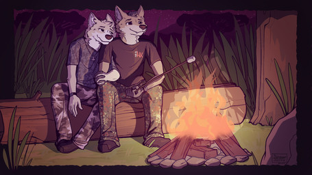 anthro camo camp campfire candy clothed clothing dessert duo fire food forest forest_background fur hand_holding khaki_pants log looking_at_another looking_at_partner male male/male marshmallow mountain nature nature_background night outside plant rock romantic romantic_couple sitting smile stick tree white_body white_fur wood yellow_body yellow_fur easyvock canid canine canis coyote domestic_dog mammal shiba_inu spitz 16:9 absurd_res colored colored_sketch digital_drawing_(artwork) digital_media_(artwork) hi_res shaded sketch widescreen