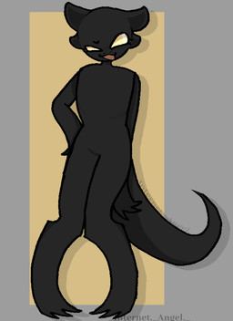 4_ears ambiguous_gender anthro black_body breasts claws eyelashes featureless_breasts featureless_crotch flat_chested hand_on_hip multi_ear simple_background solo tail text yellow_eyes internet_angel bloom_(bug_lover95) hybrid scalie artist_name hi_res female_(lore)
