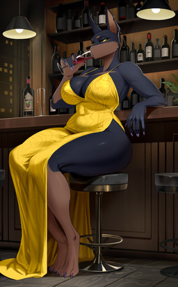 anthro bar barefoot beverage big_breasts breasts claws clothed clothing colored_nails dress drinking ear_piercing ear_ring feet female finger_claws fur looking_at_viewer nails piercing purple_nails ring_piercing solo thick_thighs toe_claws yellow_clothing yellow_eyes uisuki45 beatrice_(the7thprimarch) canid canine canis dobermann domestic_dog mammal pinscher absurd_res hi_res