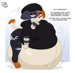 angry anthro arm_on_breasts beanie belly big_belly big_breasts black_nose bodily_fluids bottomwear breasts brown_body brown_fur brown_tail_tip calico_pattern clothed clothing denim denim_bottomwear denim_clothing dialogue dipstick_tail female fur hat headgear headwear hoodie huge_belly huge_breasts hyper hyper_belly hyper_breasts hyper_pregnancy jeans lactating leaking_milk looking_at_viewer markings navel not_loving_pregnancy outie_navel pants pregnant pregnant_anthro pregnant_female raised_clothing raised_hoodie raised_topwear resting_on_belly solo tail tail_markings text thin_tail topwear torn_bottomwear torn_clothing torn_jeans torn_pants white_body white_fur white_tail yellow_eyes guzzlord420 epic_games fortnite fortnite:_battle_royale meow_skulls calico_cat domestic_cat felid feline felis mammal 2025 digital_drawing_(artwork) digital_media_(artwork) english_description english_text hi_res