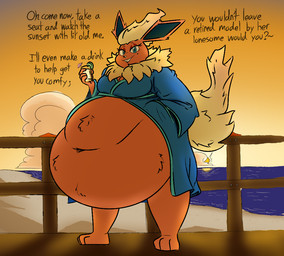 anthro bathrobe beach belly big_belly blue_clothing blue_eyes clothing female obese orange_body outside overweight robe solo sunset text thatoneaceguy nintendo pokemon eeveelution flareon generation_1_pokemon pokemon_(species) 2024 english_text