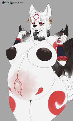 anthro big_breasts black_nipples breasts curvy_figure ear_piercing ear_ring female female_anthro lips looking_at_viewer nipples nude piercing pregnant ring_piercing simple_background solo thick_bottom_lip voluptuous voluptuous_anthro voluptuous_female sly_shadex capcom okami_(capcom) amaterasu_(okami) canid canine deity mammal hi_res