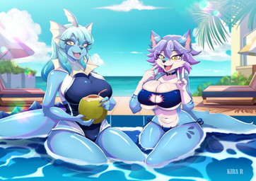 anthro anthrofied big_breasts bikini breasts clothed clothing duo female frill_(anatomy) gesture hand_gesture huge_breasts one-piece_swimsuit pokemorph resort swimming_pool swimwear tail thick_thighs two-piece_swimsuit under_boob v_sign water wide_hips kira_r96 nintendo pokemon canid canine eeveelution generation_1_pokemon mammal pokemon_(species) vaporeon hi_res