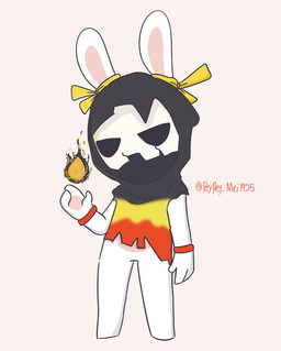 3_fingers anthro bent_arm black_cloak black_clothing cloak clothed clothed_anthro clothed_male clothing cracked_mask ear_ribbon elemental_manipulation featureless_crotch featureless_legs fingers fire fire_manipulation hand_pawpads hood_up hooded_cloak long_ears looking_at_viewer male male_anthro multicolored_cloak multicolored_clothing pawpads red_wristband simple_background solo tan_inner_ear tan_pawpads text torn_cloak white_background white_mask yellow_ribbon peypey_mei1925 mario_bros mario_plus_rabbids_sparks_of_hope nintendo raving_rabbids rayman_(series) ubisoft fan_character lagomorph mammal rabbid 2025 artist_name colored crossover digital_drawing_(artwork) digital_media_(artwork) english_description shaded