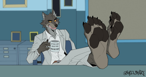 5_toes anthro barefoot belt black_pawpads chair clothing container countershade_feet countershading crossed_legs cup eyebrows feet foot_focus furniture holding_container holding_cup holding_mug holding_object humanoid_feet jacket looking_forward male mug on_chair open_mouth pawpads plantigrade raised_eyebrow sitting sitting_on_chair solo suit suit_jacket text text_on_mug toes topwear yellow_eyes hell_oart dreamworks the_bad_guys mr._wolf_(the_bad_guys) canid canine canis mammal wolf 2025 english_text hi_res