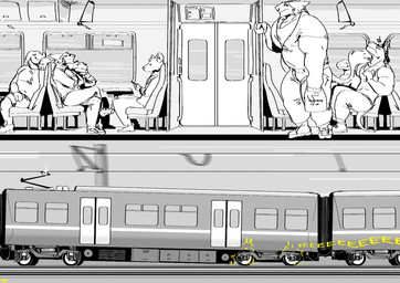 chair clothed clothing electronics fully_clothed furniture group headphones male muscular muscular_arms muscular_male public sitting standing tail train vehicle aviesergal avie scalie sergal hi_res